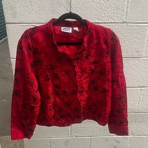 Chico’s Red Short Waist Silk Holiday Jacket sz3 (XLg)